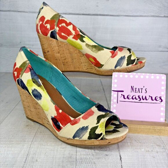 Toms STELLA Abstract Floral Canvas Peep Toe Cork Wedge Heel Slip On Shoes Size 9 - Picture 2 of 16